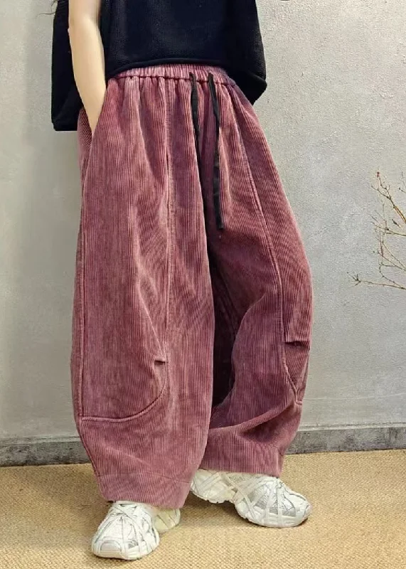 Deal Dash Boutique Red Pockets Elastic Waist Corduroy Warm Fleece Pants Spring