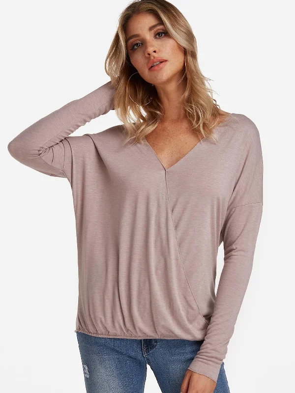 Weekend Savings Spectacular Custom V-Neck Plain Pleated Long Sleeve Irregular Hem Khaki T-Shirts Weekend Savings Spectacular Custom V-Neck Plain Pleated Long Sleeve Irregular Hem Khaki T-Shirts