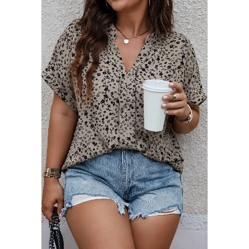 Final Clearance Floral Print Loose Fit V Neck Blouse, Goddess Khaki