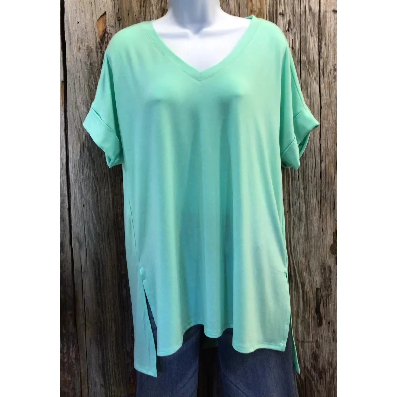 Weekend Deals to Brighten Your Day Rolled Short Sleeve Side Slit Hi-Low Hem Top