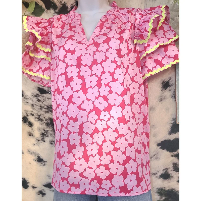 Weekend Discounts to Love Pink FloralTop with Green Trim on Sleeves