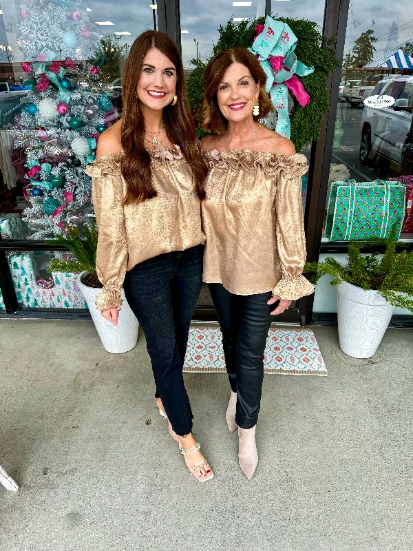 Weekend Discounts to Delight Off-the-Shoulder Gold Holiday Top