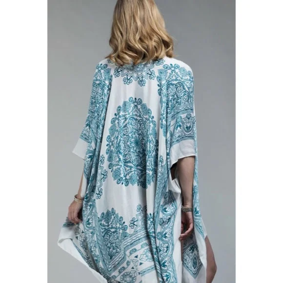 Can't Be Beat Teal & White Paisley Boho Gypsy Open Kimono Wrap Coverup Casual Women's
