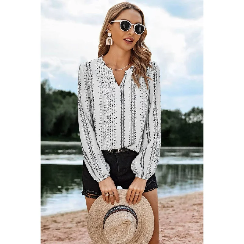Lowest Price Color Block Graphic Print V Neck Ruffle Blouse: WHITE/Black