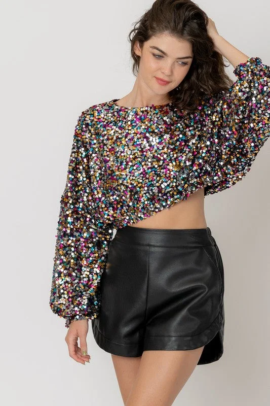 Value Deals The Party Is Here Sequin Drawstring Crop Top