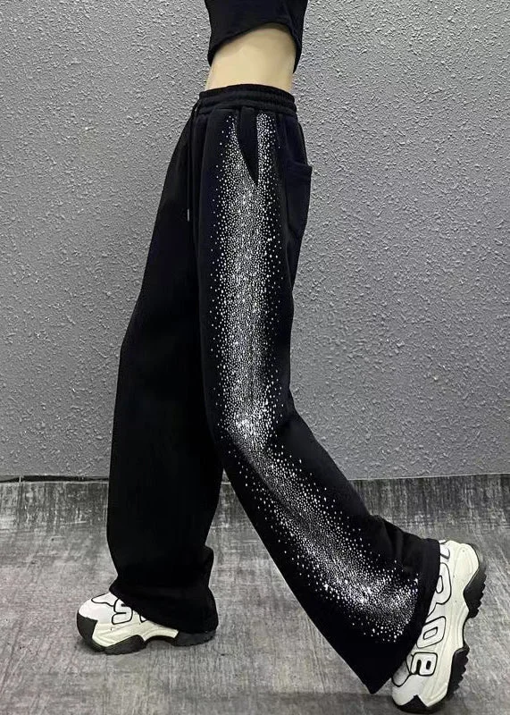 Factory Direct Sale Casual Black Pockets Zircon Elastic Waist Cotton Pants Fall