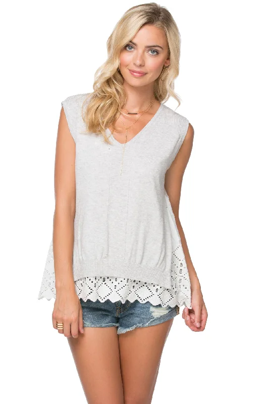 Weekend Offers That Impress Sleeveless Eyelet Trim Sweater with Woven Vintage Eyelet