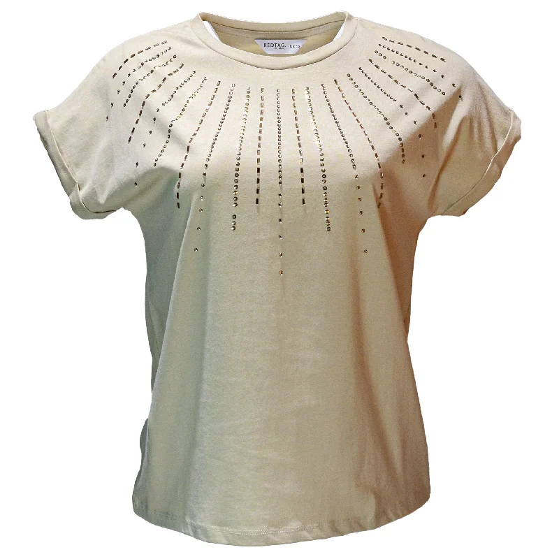 Value Deals Beige Rolled Sleeves With Embellishement T Shirt