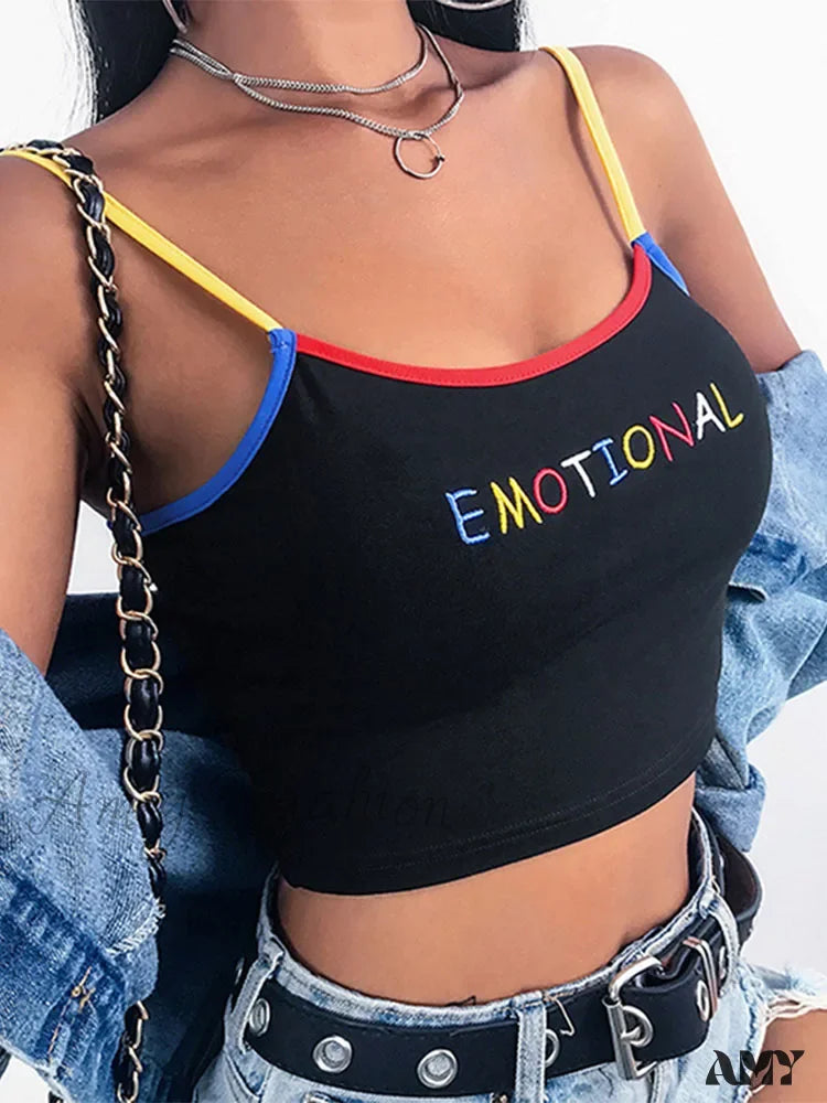 Value Deals AMY - Cropped Spaghetti Strap Eomtional Letter Tank Tops Crop Top