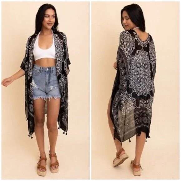 Flash Deals Black Mandala Printed Tassel Open Kimono Coverup Casual Wrap One Size