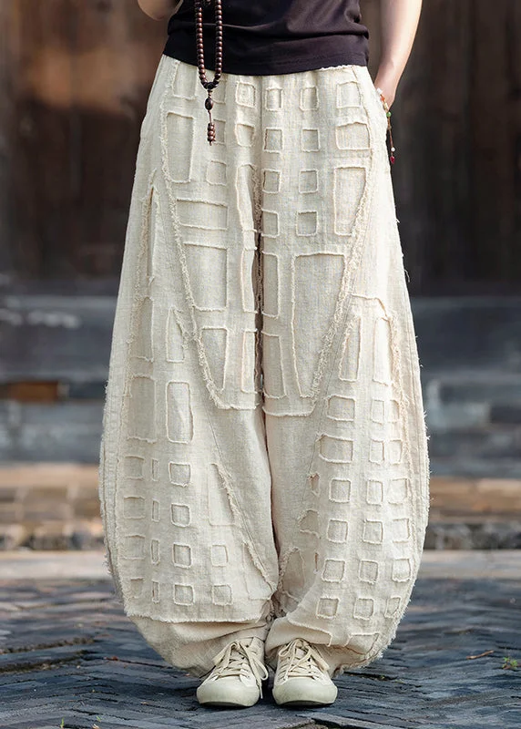 Bonus Savings Plus Size Beige Pockets Patchwork Linen Lantern Pants Fall
