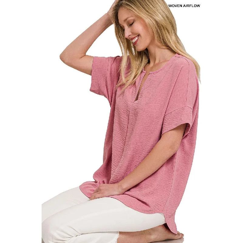Mega Sale Woven Airflow Split Neck Short Sleeve Top, Light Rose