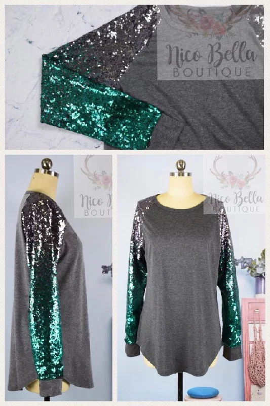 Exclusive Preview Teal Green Sequin Sleeve Raglan