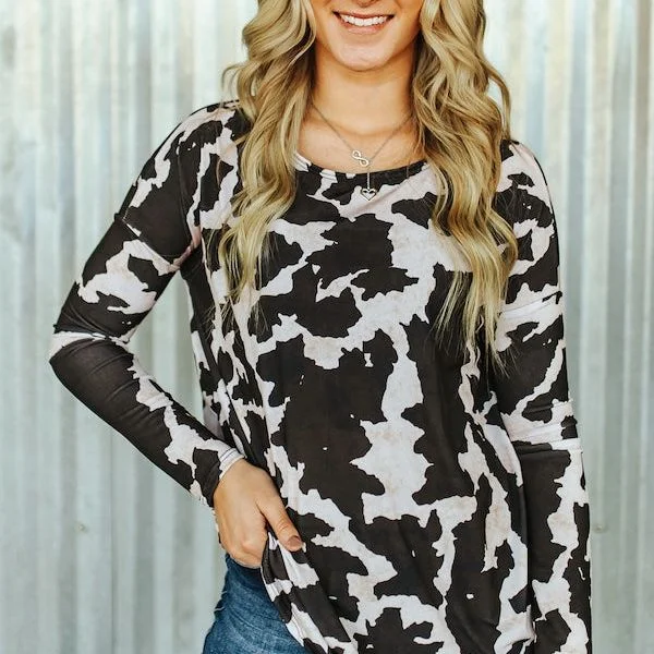 Deal of the Day Cow Printed Dolman Long Sleeve Top