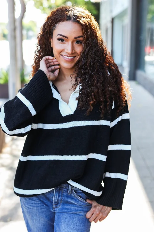 Special Price Fall For You Black Stripe Notched Neck Collared Oversized Sweater