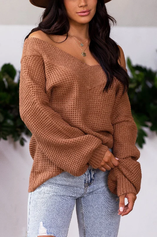 Hurry In Ginny Cocoa Knit Bell Sleeve Sweater