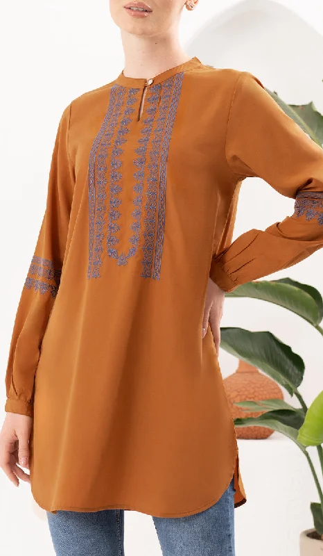 Weekend Discounts to Savor Razia Embroidered Long Modest Tunic - Saffron