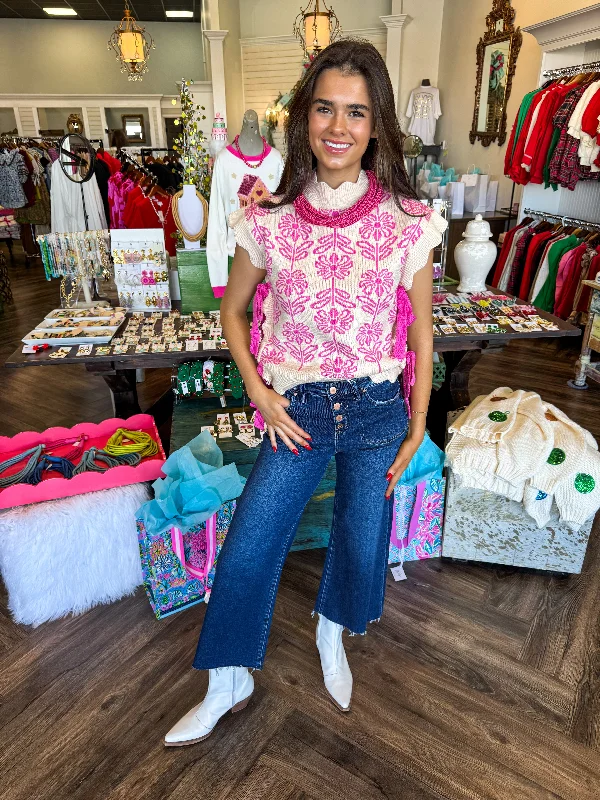 Midnight Madness Scalloped Flower Tie Sweater: Pink