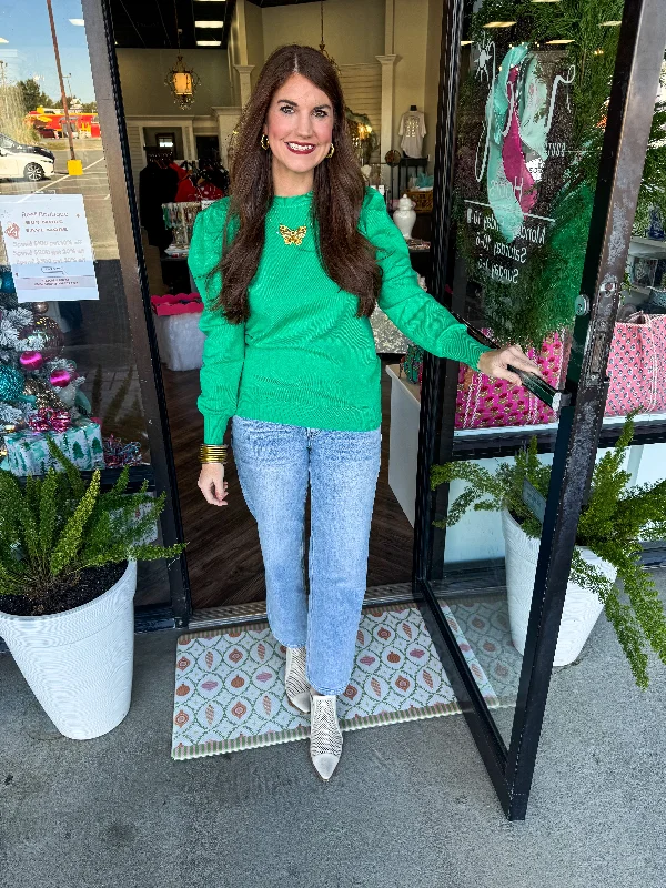 Deal of the Week Crew Neck Puff Sleeve Sweater:Green