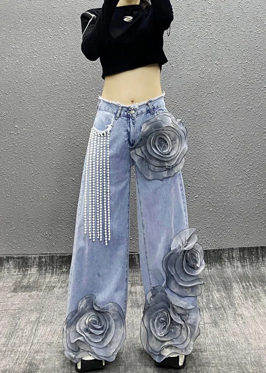 Sneak Peek Sale Fashion Blue Pockets Floral Bead Tassel Denim Pants Fall