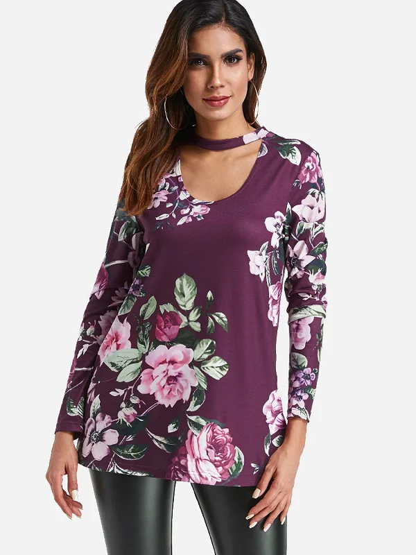 Time-Sensitive Custom Floral Print Cut Out Long Sleeve Top