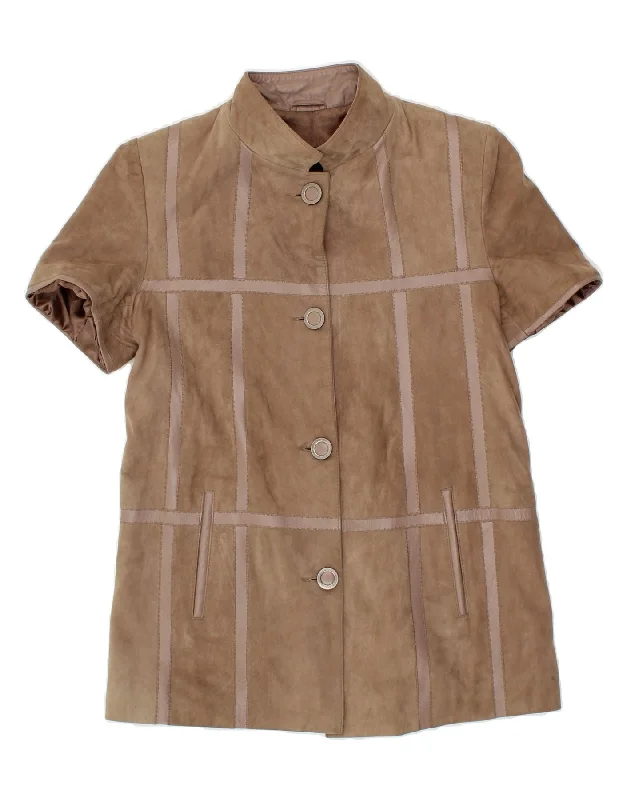 Bonus Savings VINTAGE Womens Short Sleeve Suede Jacket UK 12 Medium Brown Check Leather Bonus Savings VINTAGE Womens Short Sleeve Suede Jacket UK 12 Medium Brown Check Leather