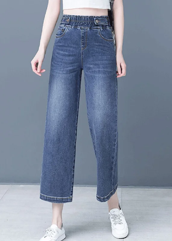 Price Drop Elegant Denim Blue Patchwork Elastic Waist Crop Wide Leg Pants