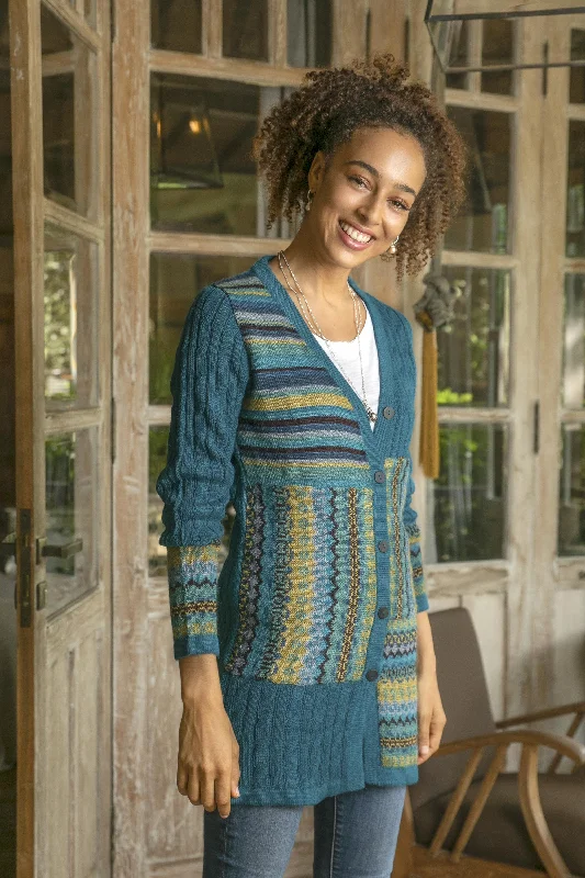 Best Seller Patchwork in Teal Cable Knit 100% Alpaca Cardigan in Teal from Peru