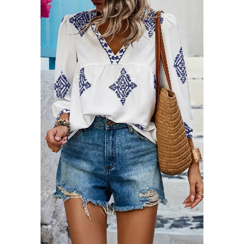 Online Deal V Neck Printed Loose Fit Blouse, White