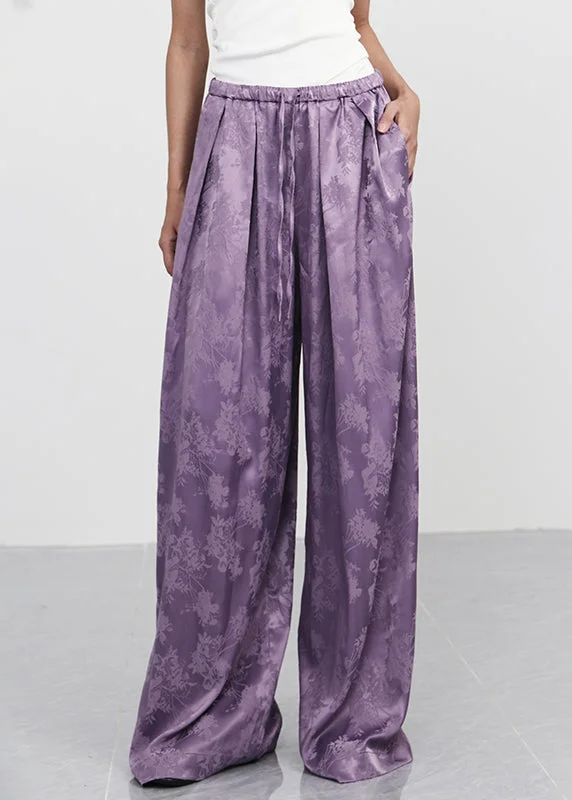 Weekend Discounts to Delight New Purple Print Lace Up Elastic Waist Silk Wide Leg Pants Spring Weekend Discounts to Delight New Purple Print Lace Up Elastic Waist Silk Wide Leg Pants Spring