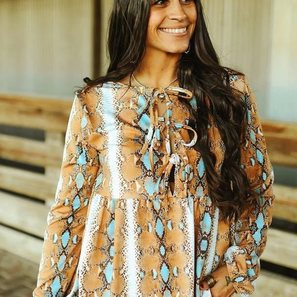 Today Only Brown Turquoise Snake Printed Front Tie Slit Blouse
