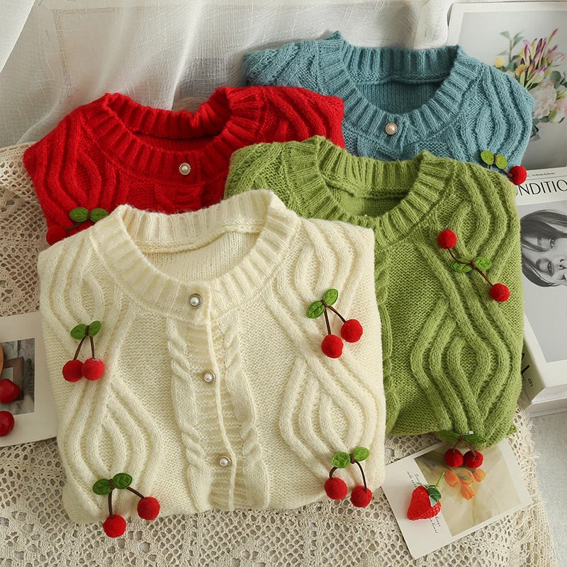 Crazy Deal Cherry Pom Pom Cropped Cardigan (4 Colors)