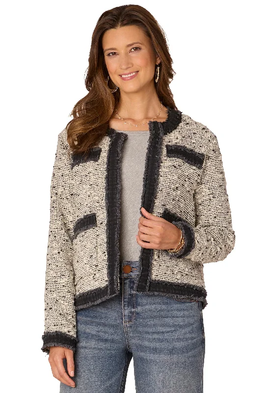 Online Only Round Neck Denim Framed Fray Jacket