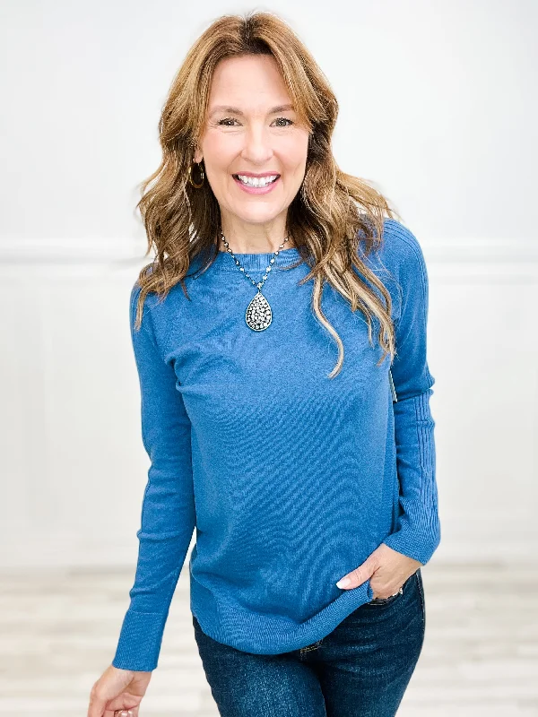 Don't Miss Blue Basic Is In Crew Neck Lightweight Long Sleeve Sweater Top