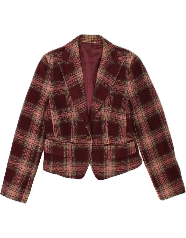 Price Cut STEFANEL Womens Crop 1 Button Blazer Jacket EU 42 Large Maroon Check