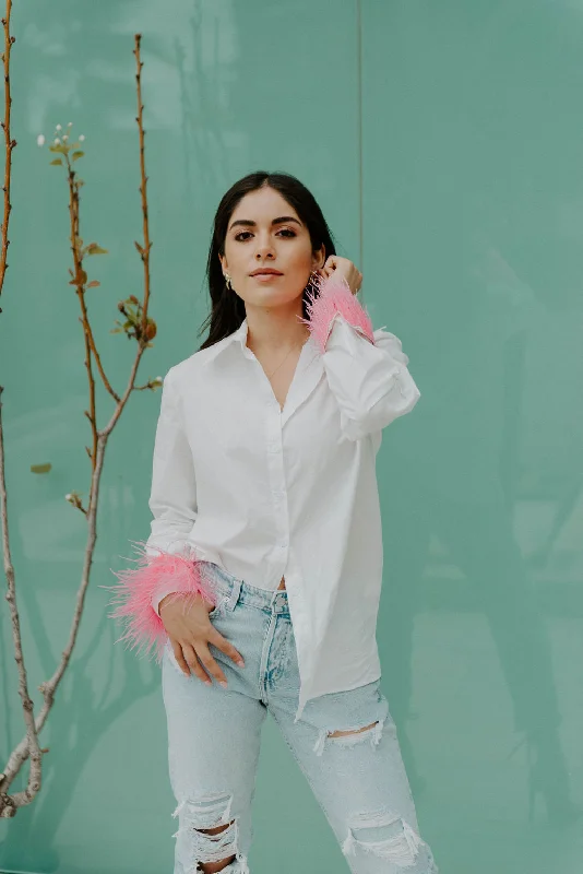 Weekend Savings Fiesta Boss Babe Pink Feather Sleeve Button Down Shirt