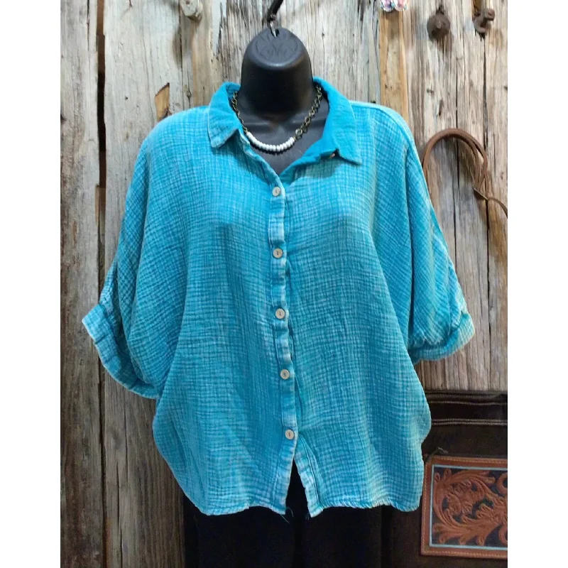 Discount Extravaganza Washed Double Gauze Button Down Half Sleeve Shirt