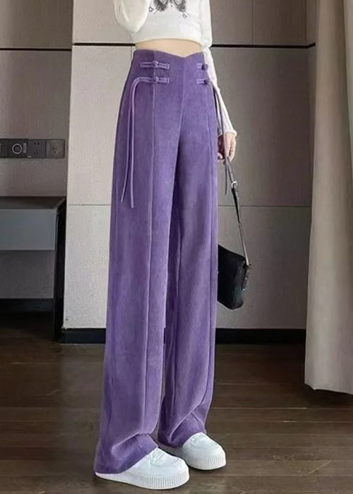 Weekend Offers That Shine Purple Button Solid Corduroy Pants Elastic Waist Spring