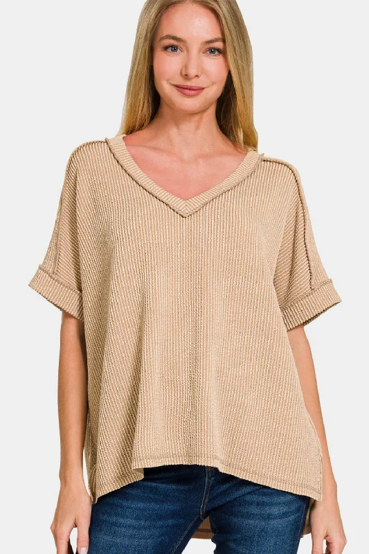 Don't Delay Zenana Corded Rib Short Sleeve High-Low T-Shirt
