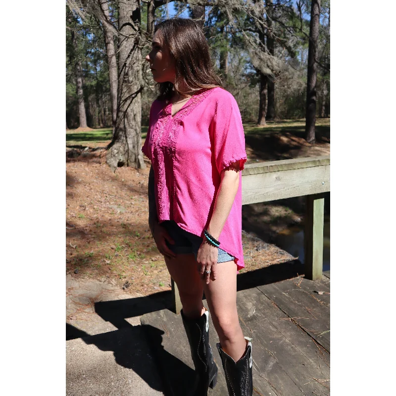 Can't Miss Hold the Reins Lace Detail Hi-Low Top, Pink