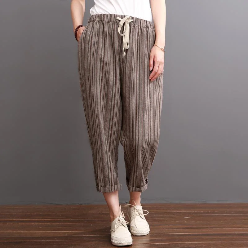 Incredible Offers Khaki striped linen pants summer crop pants