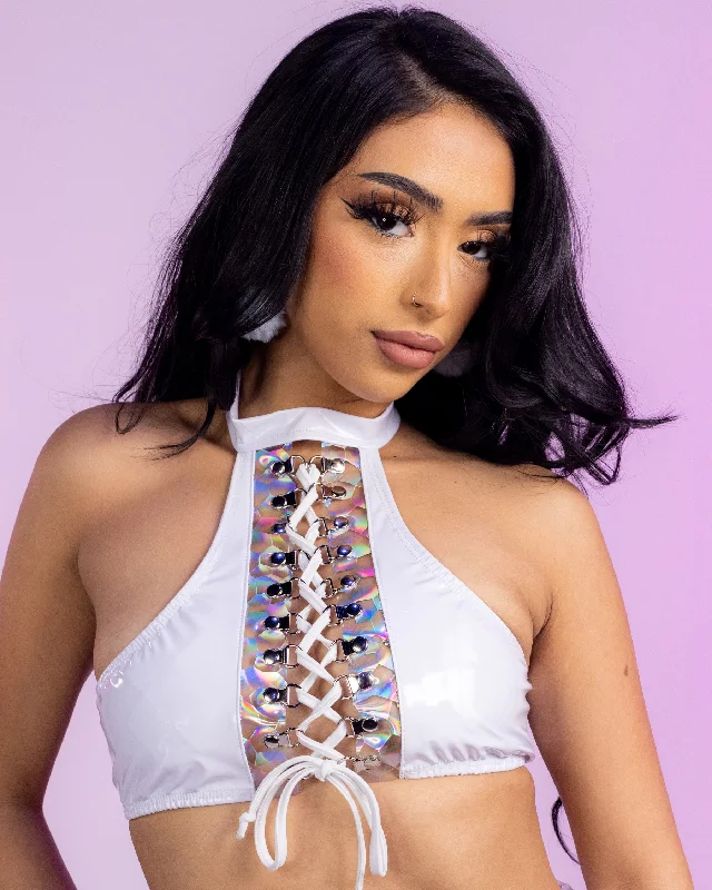Low Price White Holo Prism Lace-Up Top