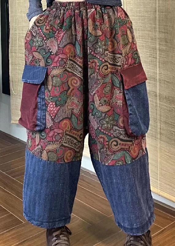Weekend Savings Spectacular Boho Pockets Print Patchwork Elastic Waist Cotton Crop Pants Spring