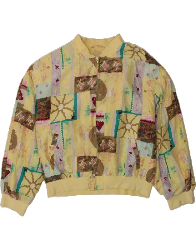 Act Now VINTAGE Womens Abstract Pattern Bomber Jacket EU 44 XL Yellow Silk