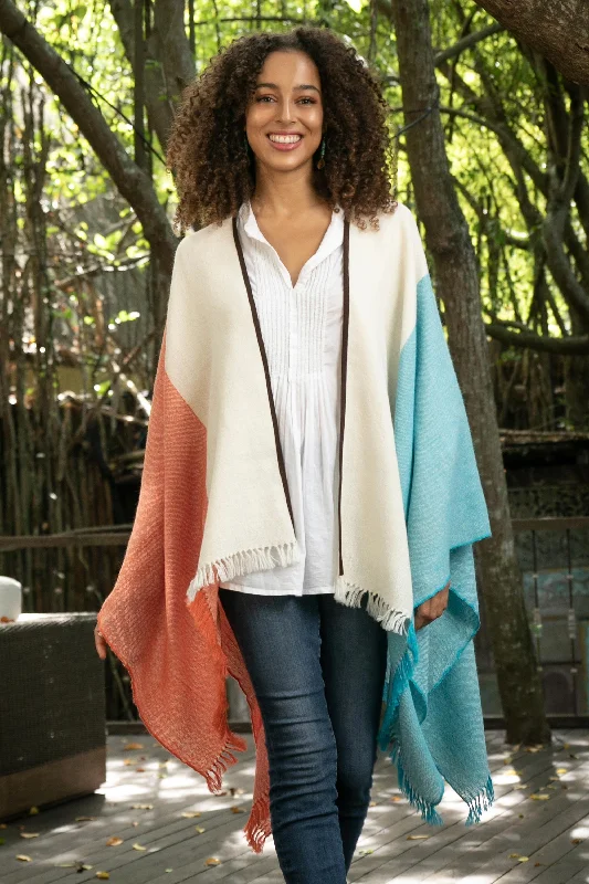 Fantastic Savings Majestic Combination Tri-Color Suede Trimmed 100% Baby Alpaca Ruana from Peru