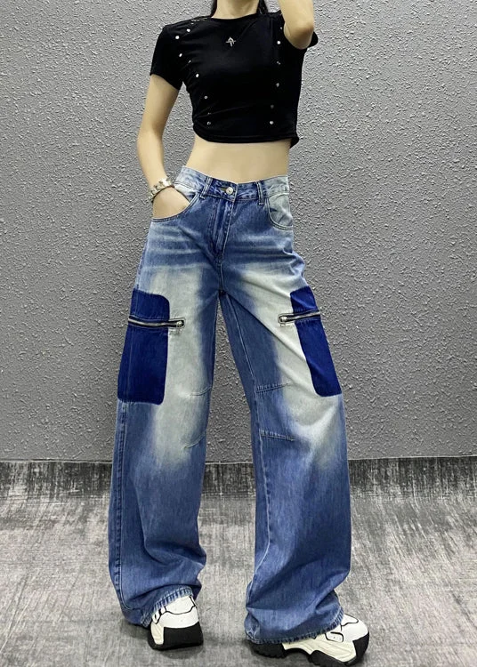 Special Savings New Blue Zip Up Pockets Patchwork Denim Wide Leg Pants Fall