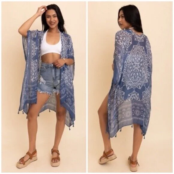 Discount Mania Navy Blue Mandala Printed Tassel Open Kimono Coverup Casual Wrap One Size
