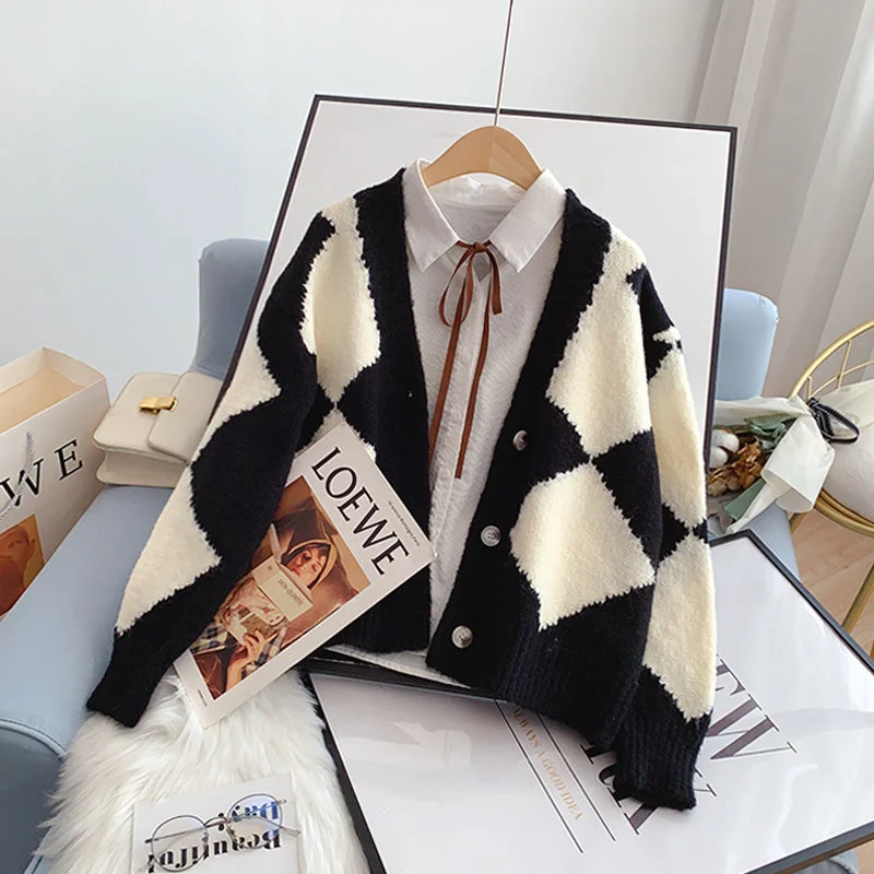 Weekend Savings Spectacle Vintage rhombic contrast cardigan sweater knitted jacket  5242
