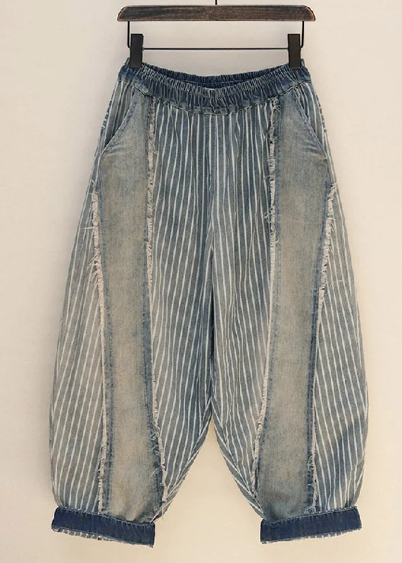 Weekend Savings Sensation Loose Blue Striped Patchwork Denim Crop Pants Spring