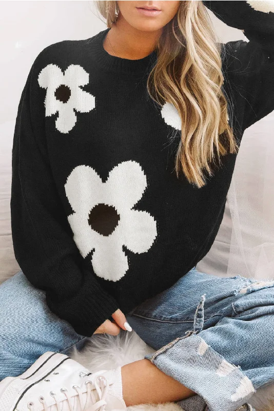 Crazy Deals Black Flower Pattern Ribbed Trim Knit Sweater